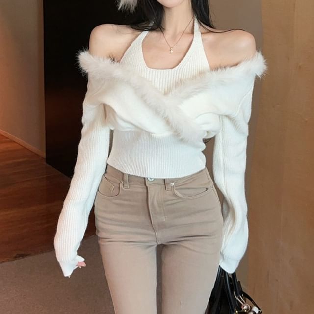Cozy Two-Piece Knit Top with Sheer Shoulders and Furry Trim