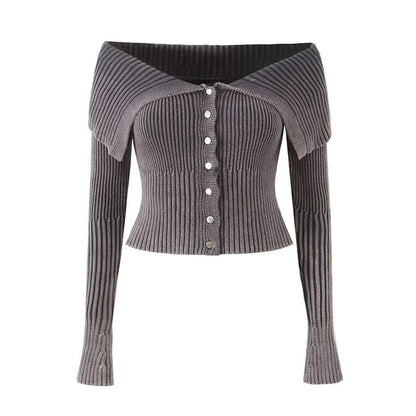 Off-Shoulder Button-Up Plain Crop Cardigan