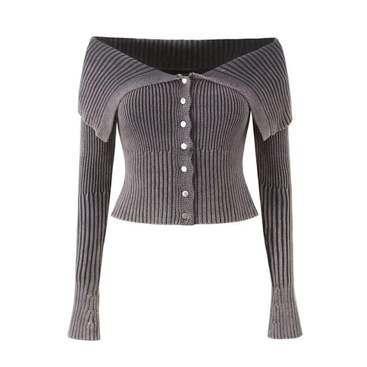 Off-Shoulder Button-Up Plain Crop Cardigan