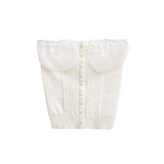 Lace Panel Button Up Cable Knit Crop Tube Top