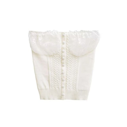 Lace Panel Button Up Cable Knit Crop Tube Top