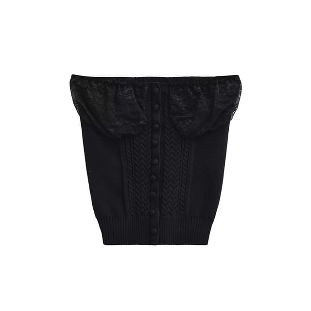 Lace Panel Button Up Cable Knit Crop Tube Top