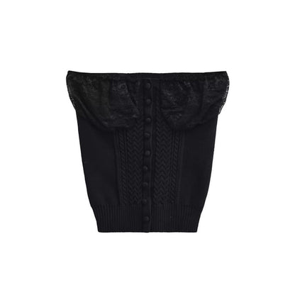 Lace Panel Button Up Cable Knit Crop Tube Top