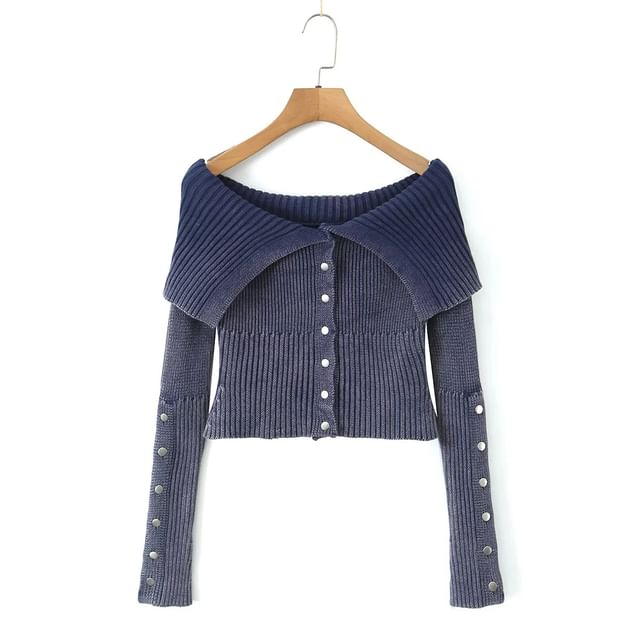 Off-Shoulder Button-Up Plain Crop Cardigan