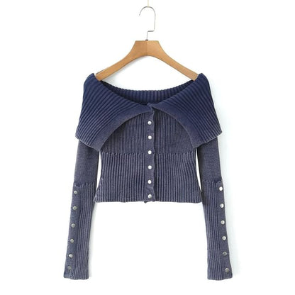 Off-Shoulder Button-Up Plain Crop Cardigan