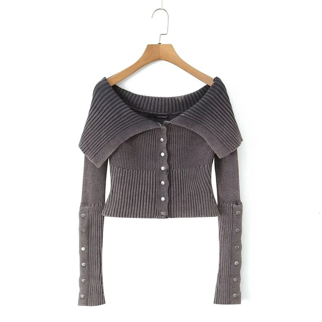 Off-Shoulder Button-Up Plain Crop Cardigan