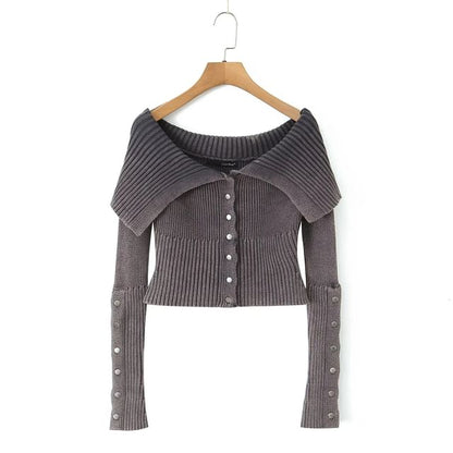Off-Shoulder Button-Up Plain Crop Cardigan