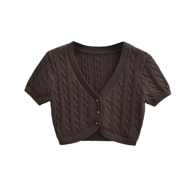 Short-Sleeve V-Neck Button-Up Plain Cable Knit Crop Cardigan