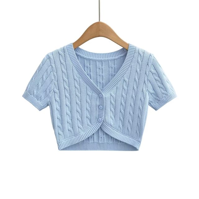 Short-Sleeve V-Neck Button-Up Plain Cable Knit Crop Cardigan