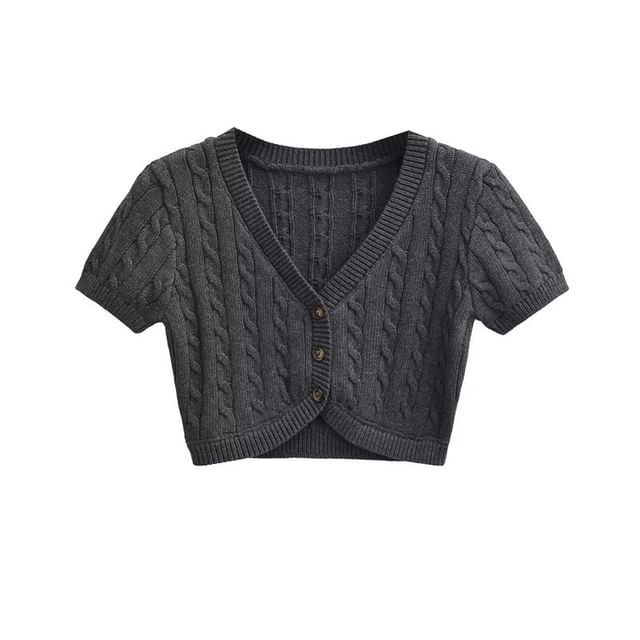 Short-Sleeve V-Neck Button-Up Plain Cable Knit Crop Cardigan