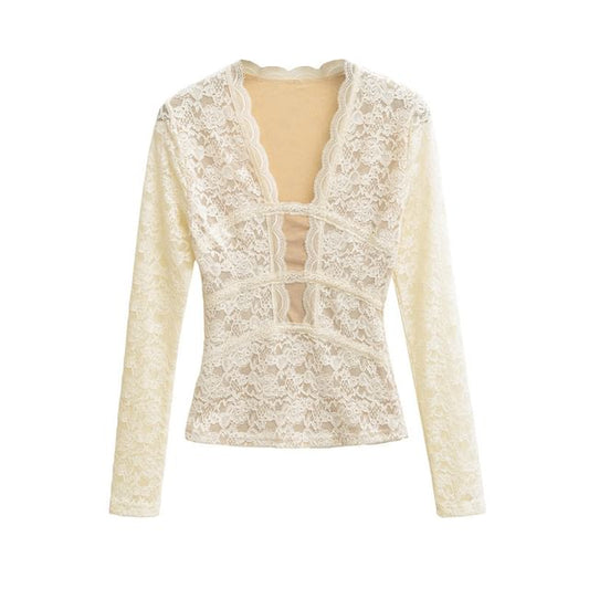 V Neck Lace Slim Fit Long Sleeve Top
