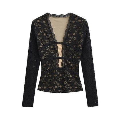 V Neck Lace Slim Fit Long Sleeve Top