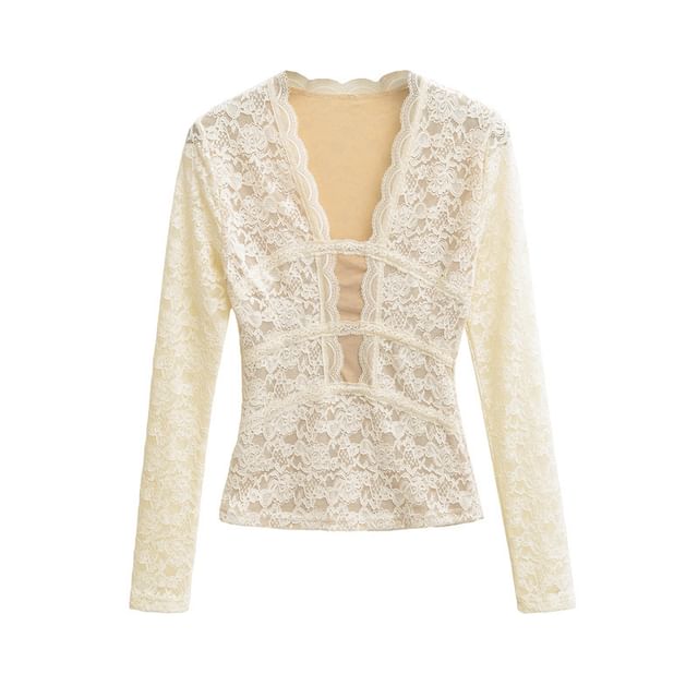 V Neck Lace Slim Fit Long Sleeve Top