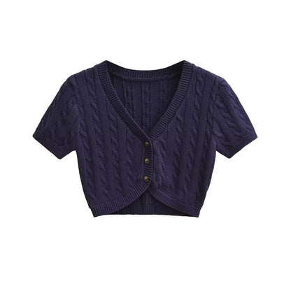 Short-Sleeve V-Neck Button-Up Plain Cable Knit Crop Cardigan