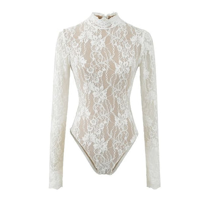 Mock Neck Lace Bodysuit Long Sleeve Top