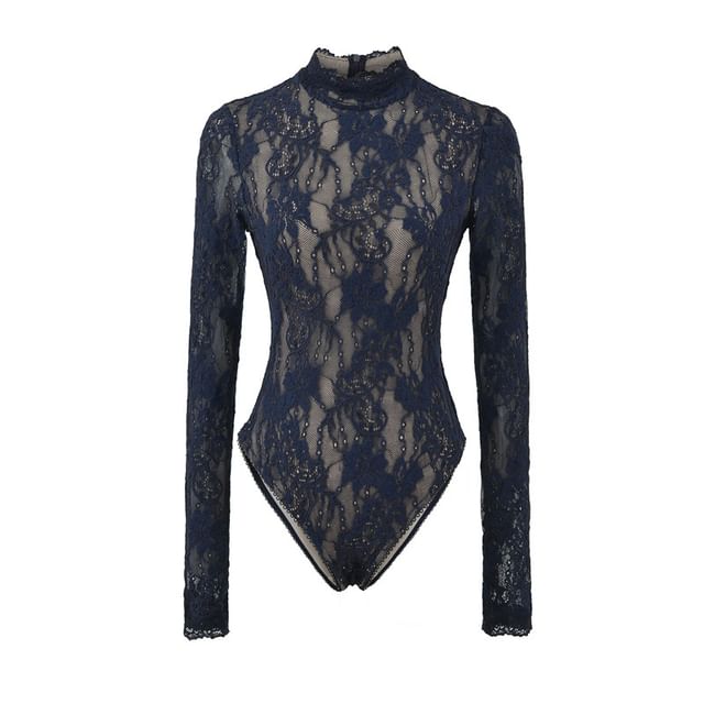 Mock Neck Lace Bodysuit Long Sleeve Top