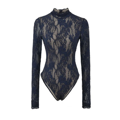 Mock Neck Lace Bodysuit Long Sleeve Top