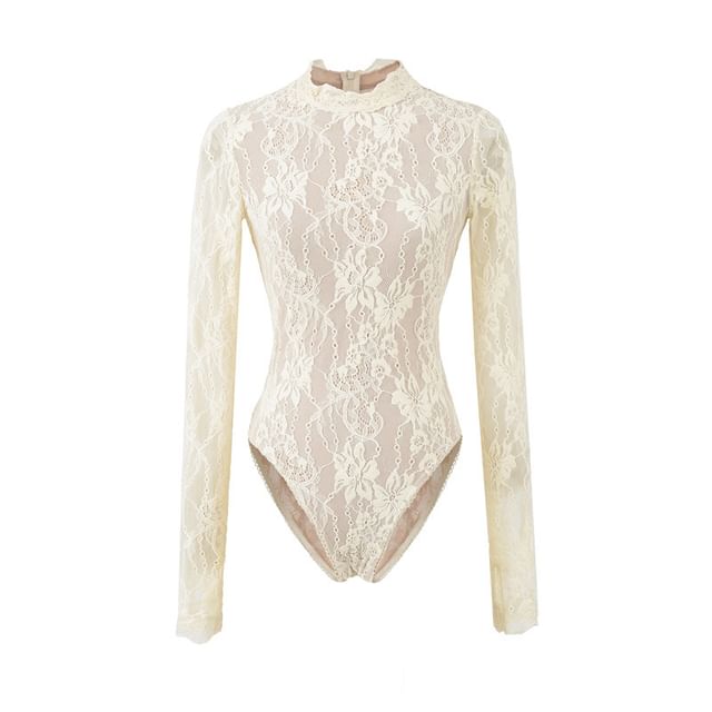 Mock Neck Lace Bodysuit Long Sleeve Top