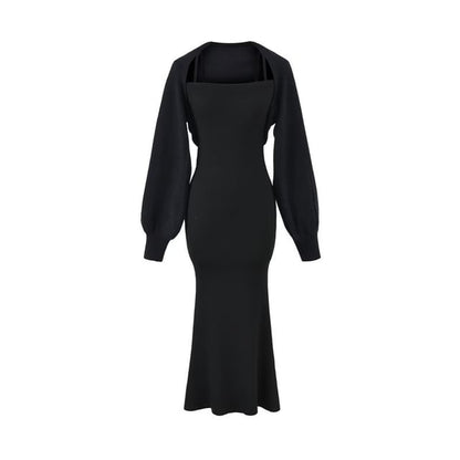 Plain Open Front Crop Cardigan / Spaghetti Strap Midi Mermaid Dress / Set