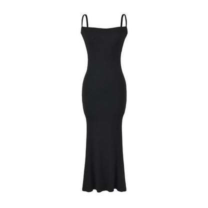Plain Open Front Crop Cardigan / Spaghetti Strap Midi Mermaid Dress / Set