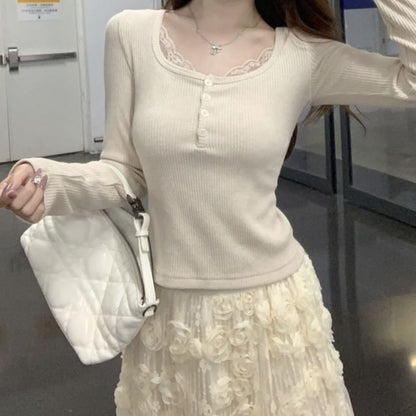 Lace Trim Ribbed Henley Long Sleeve T Shirt