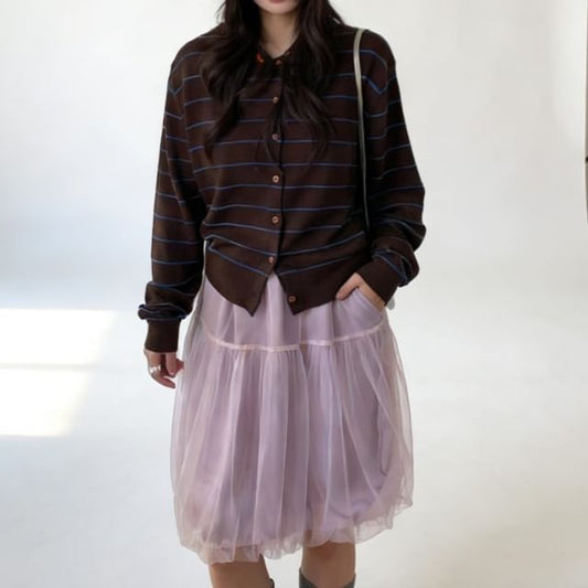 Crewneck Button-Up Striped Cardigan