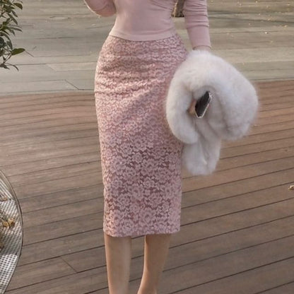 V-Neck Lace Crop Top & Midi Pencil Skirt Set