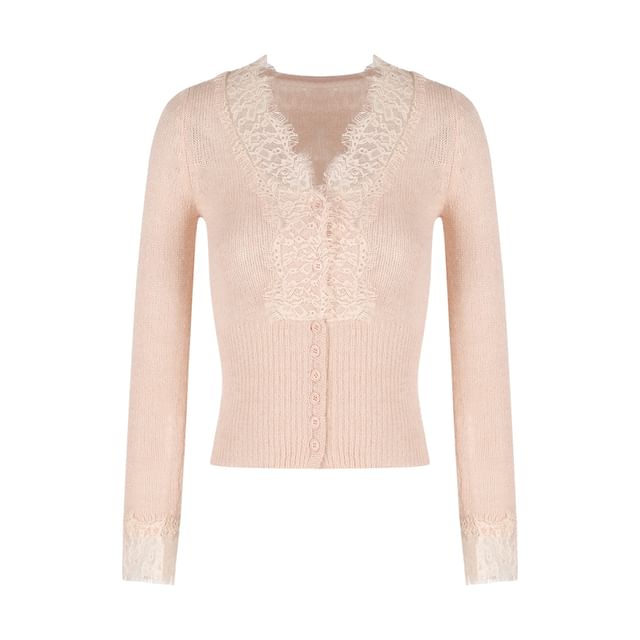V-Neck Lace Panel Button-Up Crop Cardigan / High Waist Mini Pencil Skirt