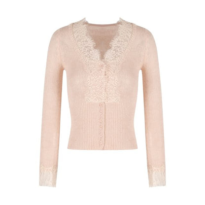 V-Neck Lace Panel Button-Up Crop Cardigan / High Waist Mini Pencil Skirt
