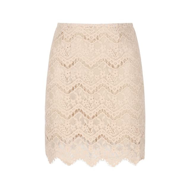 V-Neck Lace Panel Button-Up Crop Cardigan / High Waist Mini Pencil Skirt