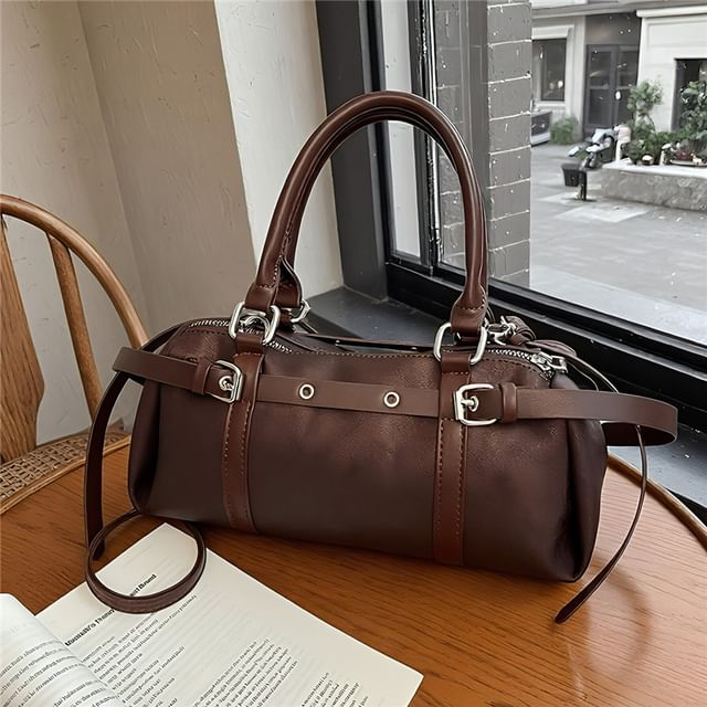 Top Handle Plain Belted Faux Leather Crossbody Bag