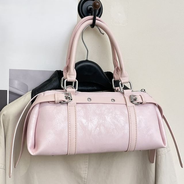 Top Handle Plain Belted Faux Leather Crossbody Bag