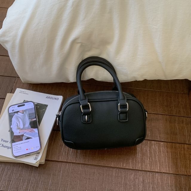 Top Handle Plain Faux Leather Crossbody Bag