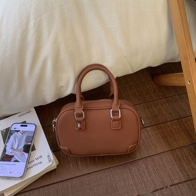 Top Handle Plain Faux Leather Crossbody Bag