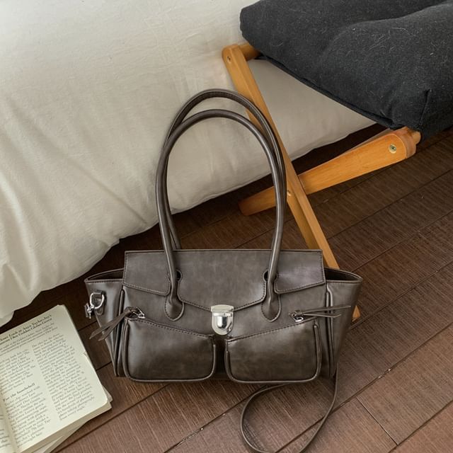 Plain Faux Leather Flap Tote Bag