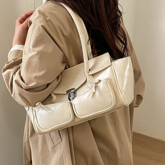 Plain Faux Leather Flap Tote Bag