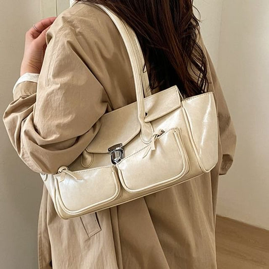 Plain Faux Leather Flap Tote Bag