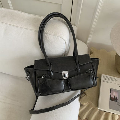 Plain Faux Leather Flap Tote Bag