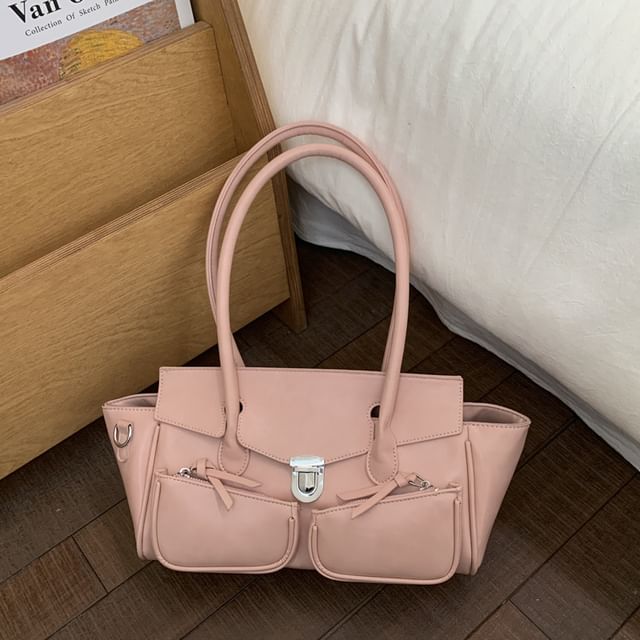 Plain Faux Leather Flap Tote Bag
