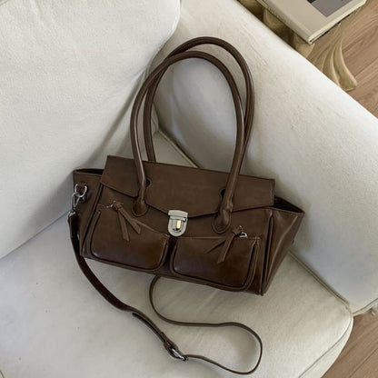 Plain Faux Leather Flap Tote Bag