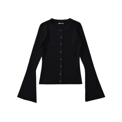 Crew Neck Button-Up Plain Crop Cardigan