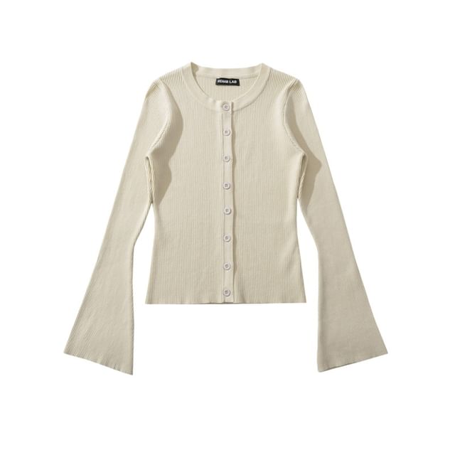 Crew Neck Button-Up Plain Crop Cardigan