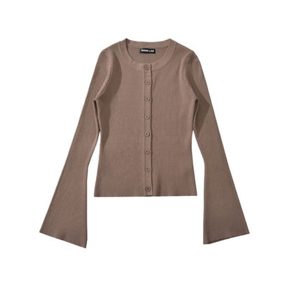 Crew Neck Button-Up Plain Crop Cardigan