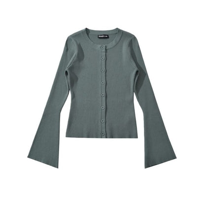 Crew Neck Button-Up Plain Crop Cardigan