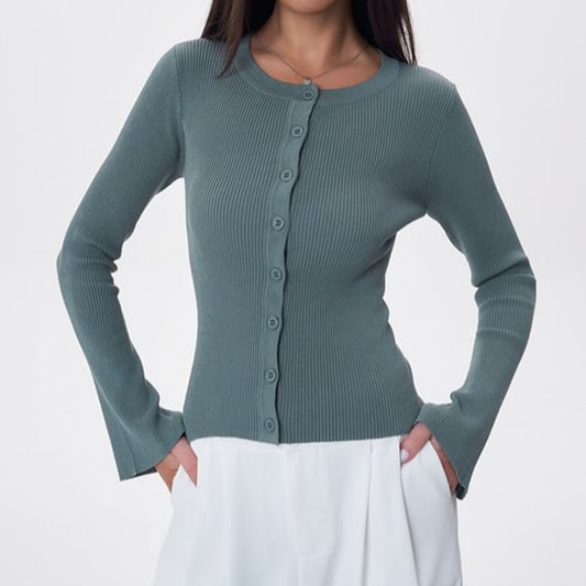 Crew Neck Button-Up Plain Crop Cardigan