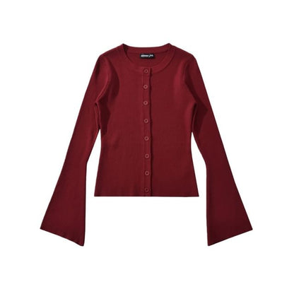 Crew Neck Button-Up Plain Crop Cardigan
