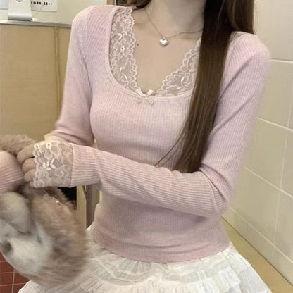 Long Sleeve Lace Trim Top