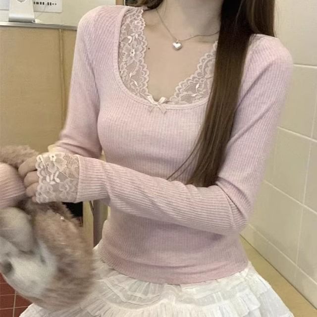 Long Sleeve Lace Trim Top