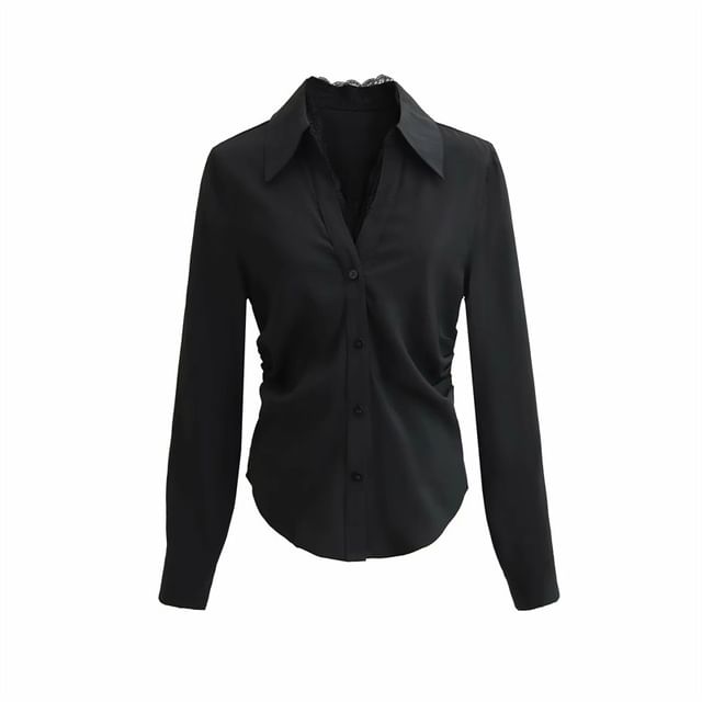 Long Sleeve V-Neck Lace Trim Blouse