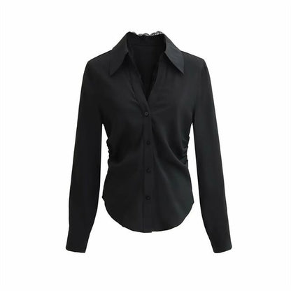 Long Sleeve V-Neck Lace Trim Blouse